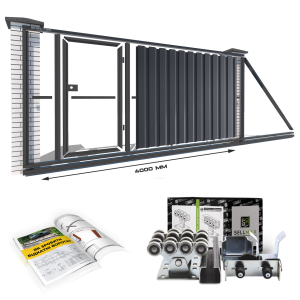 Відкатні ворота "Звари Сам" на проєм 4 метри, довжина воріт 6 метрів з хвірткою, із зашивкою "Профнастил"