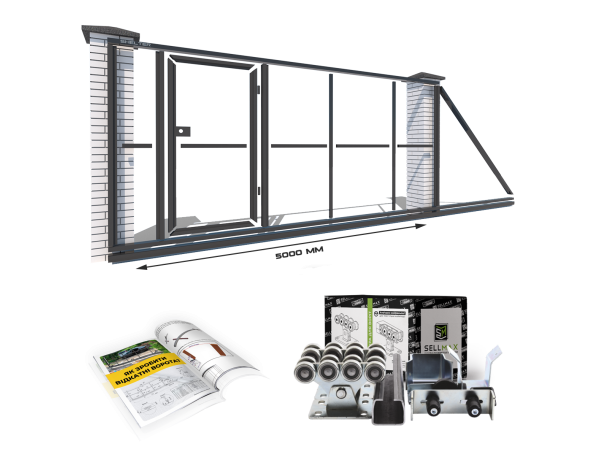 Відкатні ворота «Звари Сам» на проєм 5 метрів, довжина воріт 7 метрів з хвірткою – фото