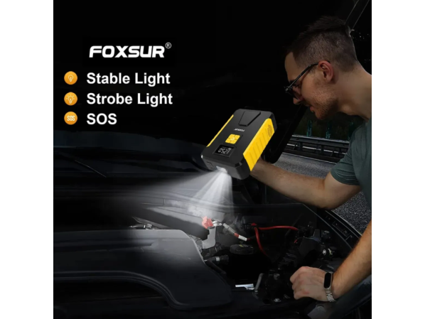 Бустер Foxsur FJS-950-1 пусковий зарядний пристрій для авто акумулятор 2в1, Бустер + компресор для коліс (пусковий струм 800А, 12 Вольт) – фото