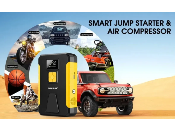 Бустер Foxsur FJS-950-1 пусковий зарядний пристрій для авто акумулятор 2в1, Бустер + компресор для коліс (пусковий струм 800А, 12 Вольт) – фото