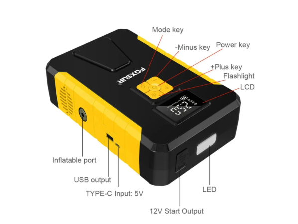 Бустер Foxsur FJS-950-1 пусковий зарядний пристрій для авто акумулятор 2в1, Бустер + компресор для коліс (пусковий струм 800А, 12 Вольт) – фото