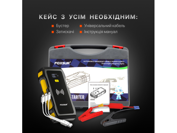 Бустер Foxsur FJS-800 пусковий зарядний пристрій для авто акумулятора (пусковий струм 900А, 12 Вольт) – фото