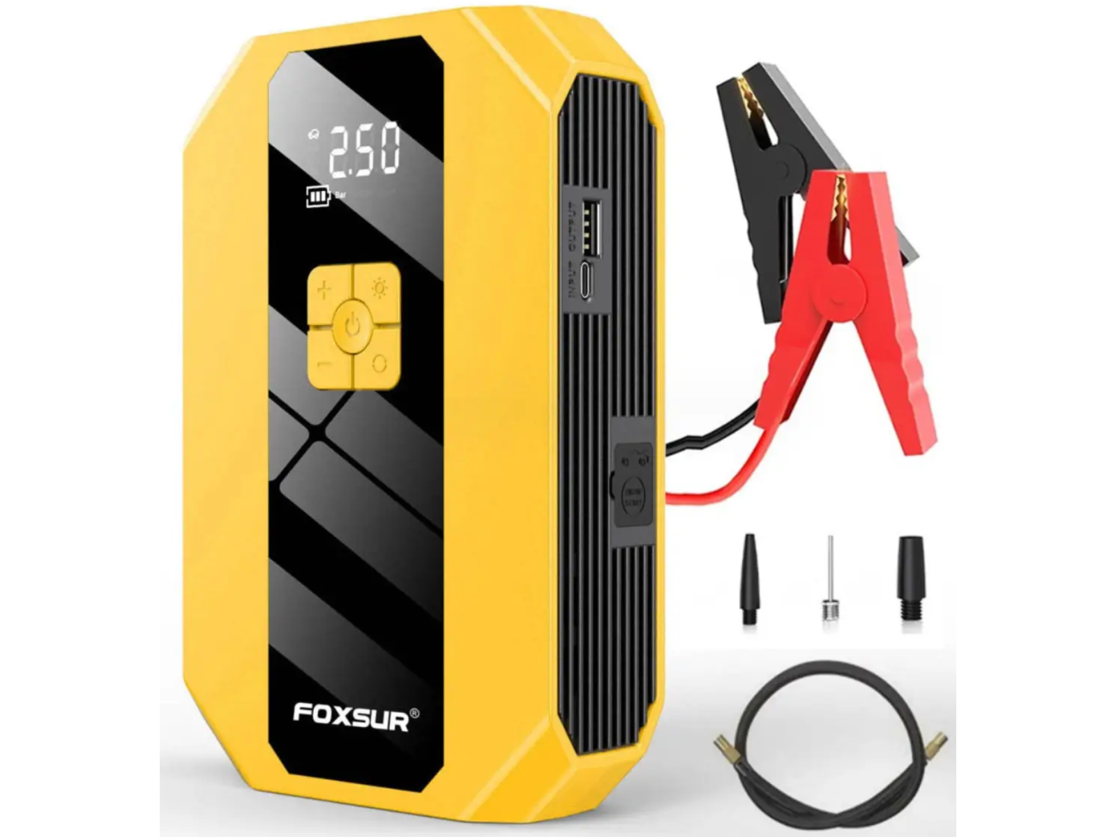 Бустер Foxsur FJS-900 пусковий зарядний пристрій для авто акумулятора Бустер + компресор для коліс (пусковий струм 900А, 12 Вольт)