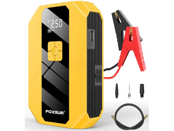 Бустер Foxsur FJS-900 пусковое зарядное устройство для авто аккумулятора Бустер + компрессор для колес (пусковой ток 900А, 12 Вольт) – фото